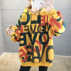 Korean Street Fashion Hoodies Harajuku BTS Full Printing Pastel Sweatshirt, Hip Hop Sweatshirts, Plus Size Pullover, Cute Hoodie, Yellow Sweatshirt, Plus Size Sweaters, Yellow Sweater, Loose Sweater, Korean Street Fashion