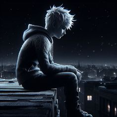 a young boy sitting on top of a roof looking at the night sky with buildings in the background