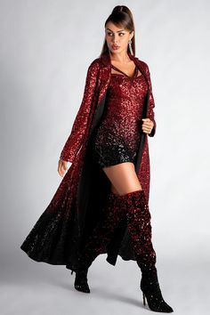 Step into the spotlight with our Taylor Inspired Aris Long Sleeve Gradient Sequin Coat, a dazzling piece designed to make a statement. This coat features an eye-catching gradient of red to black sequins that shimmer with every movement, ensuring you’re the center of attention. The long sleeves and floor-length design offer a dramatic flair, while the high-quality sequin material adds a luxurious touch to your outfit. Perfect for high-end events, galas, or nights out, this coat is your ultimate c Red Long Sleeve Sequined Outerwear, Red Sequined Outerwear For Party, Red Embellished Outerwear For Fall, Embellished Red Outerwear For Fall, Red Holiday Party Outerwear, Red Embellished Winter Outerwear, Red Embellished Outerwear For Party, Red Embellished Party Outerwear, Sequin Coats