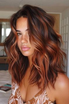 Red Hair On A Brunette, Red To Brown Balayage, Medium Length Haircut With Color, Dark Chocolate With Copper Highlights, Dark Roots With Copper Balayage, Cowboy Copper Hair On Brunette, Brown To Copper Balayage Short, Hair Cuts For Brunette Long Hair, Lowlights On Brunette