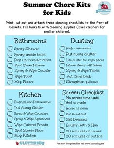 the printable summer chore kits for kids is shown in blue and has instructions to make