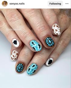 Fun Western Nails, Cowpoke Nails, Vegas Nfr Nails, Cute Cowgirl Nails, Spring Western Nails, Southwestern Nails, Western Inspired Nails, Short Western Nails