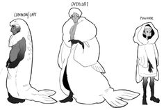 three different types of penguins, one in a hooded coat and the other in a penguin suit