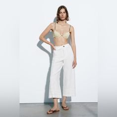 Nwt Zara Woman Linen Blend Embroidered Embroidery Trouser Pants White Size M Elegant Cotton Beach Bottoms, Elegant Floral Embroidered Summer Bottoms, Elegant Cotton Bottoms For Vacation, Embroidered Wide Leg Trousers For Spring, Beige Floral Embroidered Bottoms For Spring, Chic White Bottoms With Floral Embroidery, Elegant Cotton Beach Pants, Spring Beige Floral Embroidered Bottoms, Spring Floral Embroidered Pants