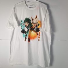 My Hero Academia Deku & Bakugo Men's Anime T-Shirt Tee Funimation Xl White. New Without Tags. White Pre-shrunk Fandom T-shirt, White T-shirt With Cartoon Print For Fan Conventions, White Sublimation Print T-shirt For Cosplay, White T-shirt With Sublimation Print For Cosplay, White Character Print T-shirt For Fan Conventions, White T-shirt With Character Print For Fan Conventions, White Short Sleeve Fandom T-shirt, White Fandom T-shirt With Character Print, White Fandom T-shirt, Pre-shrunk