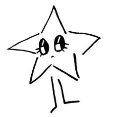 a black and white drawing of a star with two eyes on it's face