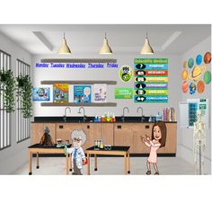 an animated image of two people in a classroom with posters on the wall behind them