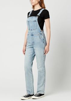 A pair of vintage-inspired overalls, the Hailey feature a straight leg, adjustable shoulder straps and button plackets at the sides. Four-pocket styling with organizer pockets at breast panel. Acid wash and fading throughout. Blue Straight Leg Utility Overalls, Blue Utility Overalls With Straight Leg, Blue Utility Straight Leg Overalls, Straight Leg Overalls With Button Closure For Workwear, Spring Straight Leg Overalls With Button Closure, Straight Leg Cotton Overalls With Button Closure, Cotton Straight Leg Overalls With Button Closure, Women's Overalls, Overalls Women