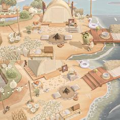 an illustrated drawing of a beach area with tents, chairs and other items on the sand