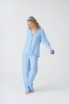 Women's blue striped collared PJ top and tie waist pant with hair wrap. Tie Waist Pants, Winter Pajamas, Nye Outfits, Striped Pyjamas, Short Loungewear, Pj Sets, Ladies Boutique, Hat Hairstyles, Sweater Jacket