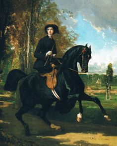 a painting of a man riding on the back of a black horse in a wooded area