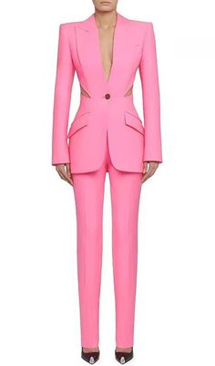 Capture everyone's attention in this CUTOUT BLAZER SUIT IN PINK! Its bold pink color and cut-out buttons will make you the center of any room. Whether you're dressed to impress at the office or a night out, this chic suit is sure to turn heads! Who knew dressing up could be so fun(ky)? Gentle Dry Clean OnlyColour may vary due to lighting on images. The product images (without model) are closest to the true colour of the product.Item runs true to size chart and is cut to suit our size chart. Plea Tailored Pink Blazer With Button Closure, Pink Party Blazer With Button Closure, Pink Blazer With Button Closure For Office, Tailored Pink Blazer With Buttons, Pink Suits With Button Closure For Work, Pink Tailored Pantsuit For Party, Tailored Pink Pantsuit For Party, Pink Tailored Pantsuit For Office, Tailored Pink Pantsuit For Office