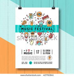 music festival poster on wooden background with place for your text and icons in flat style