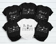 six personalized t - shirts for the bride and groom to wear on their wedding day