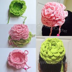 crocheted hats with flowers on them are shown in four different colors and sizes