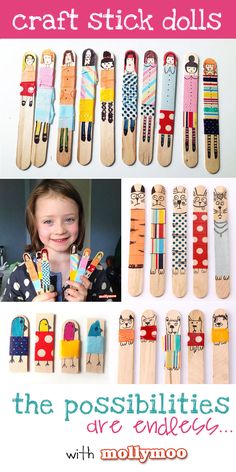 the craft stick dolls are made from wooden pegs and have different designs on them