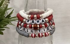 Bama Rolltide Bracelet Stack Beaded Bracelet Stack - Etsy Baseball Bracelet Stack, Team Beaded Bracelets, Holiday Beaded Bracelets, Cheer Bracelet, Beaded Bracelet Stack, Boho Bracelets Stack, Heishi Bracelets, Stacked Beaded Bracelets, Stackable Beaded Bracelets