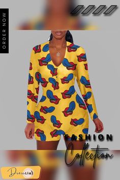 Fashion Floral Sleepwear Long Sleeve V Neck Bodycon Onesies Fitted Yellow Top For Loungewear, Yellow Fitted Top For Loungewear, Casual Bodycon Jumpsuits And Rompers With Long Sleeves, Casual Long Sleeve Bodycon Jumpsuits And Rompers, Fitted Yellow Jumpsuits And Rompers For Fall, Yellow Stretch Long Sleeve Jumpsuit, Floral Sleepwear, Color Pick, Above Knee