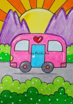 a drawing of a pink bus driving down a road with mountains and trees in the background