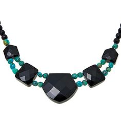 Jay King Gallery Collection Turquoise & Chalcedony Reversible Necklace You get two distinct looks in one with this exclusive, handcrafted gemstone necklace design from Jay King. The versatile piece features double-sided stations with elegant, faceted black chalcedony on one side and multicolored turquoise on the other. Simply flip over the necklace to easily change up your look!       Approx. 18-1/4"L x 1/4"W with 2-3/4" extender     Drop approx. 1-1/16"L x 1-1/4"W     Stamped .925     Hook clos Turquoise Pendant Necklace With Faceted Beads, Elegant Turquoise Necklace With Faceted Beads, Turquoise Jewelry With Natural Green Onyx Stones, Turquoise Jewelry With Natural Stones In Green Onyx, Elegant Faceted Turquoise Beaded Necklace, Elegant Turquoise Green Onyx Necklace, Elegant Adjustable Turquoise Gemstone Necklace, Elegant Turquoise Jewelry With Faceted Beads, Turquoise Gemstone Jewelry With Green Onyx