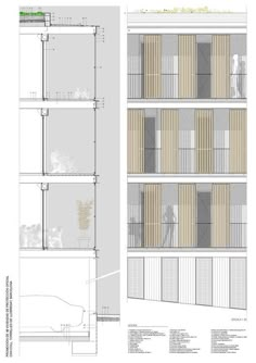 an architectural drawing shows the side and top sections of a building with balconies