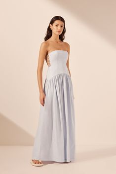 Strapless panelled maxi dress with lace up side detail in an organic cotton poplin. Ice Blue Dresses, Ice Blue Dress, Ice Dresses, Shona Joy, Formal Dresses For Weddings, Panel Dress, Sewing Diy, Maxi Dress Online, Strapless Maxi