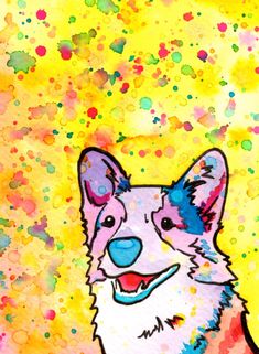 a painting of a corgi dog with colorful spots on it's face