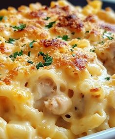 macaroni and cheese with parsley in a white dish