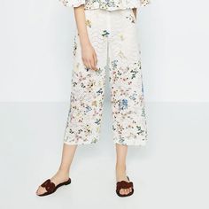 ZARA Floral Printed Culottes Embroidered Cut Out Cropped Pants Trousers Cream XS | eBay Cropped Pants, Cut Out, Zara, Floral Prints, Trousers, Pants, Floral