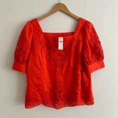 New With Tags! Anthropologie Square Neck Puff Sleeve Embroidered Top. Color: Red Size: Small Note: Anthropologie Lists The Color As Red But I Think It Is More Of An Orangey Red Red Embroidered Short Sleeve Top For Spring, Fitted Red Embroidered Top For Spring, Anthropologie Top, Embroidered Top, Square Neck, Puff Sleeve, Anthropologie, Top Blouse, Womens Tops