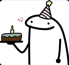 a cartoon character holding a cake with a candle on it