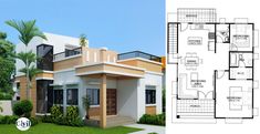 two story house plan with floor plans and elevation views