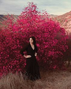 a woman in a black dress standing next to a bush with pink flowers on it