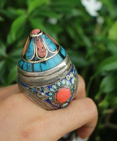 Gorgeous Old Traditional Afghani Enameled Handmade Silver Ring With Mix Stones Turquoise/Coral, Ethnic Jewelry Traditional Turquoise Rings As Gifts, Traditional Silver Turquoise Ring With Inlay, Multicolor Bohemian Turquoise Ring With Inlay, Bohemian Blue Rings With Inlay, Traditional Turquoise Inlay Ring, Traditional Handmade Turquoise Ring, Traditional Natural Stone Ring Jewelry, Traditional Natural Stones Ring Jewelry, Traditional Turquoise Gemstone Ring