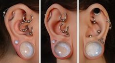 three different views of a person's ear with piercings