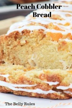 a loaf of peach cobbler bread with white icing