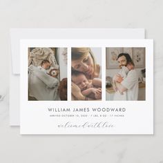 the birth announcement card features three photos of people holding their babies