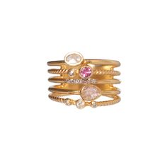 Sliced raw uncut diamonds, Pink tourmaline, Moonstone, Rose gold resin, White resin, Pave champagne diamonds, Vermeil 18k gold Types Of Gold, Ring Stack, Diamond Mosaic, Vermeil Jewelry, Uncut Diamond, Champagne Diamond, Exquisite Jewelry, Pink Tourmaline, Stacking Rings