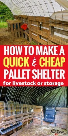 the cover of how to make a quick and cheap pallet shelter for livestock or storage