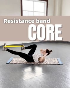 a woman is doing an exercise on a mat with the words resistance band core above her