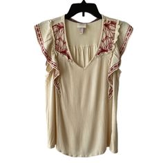 Knox Rose Brand Sleeveless Top Cream And Rust Rayon Blend Embroidery Detail Pull Over V-Neckline Ruffled Shoulders Women’s Size S Never Worn But Has Been Washed Sleeveless Spring Embroidered Top With Floral Embroidery, Sleeveless Embroidered Floral Top For Spring, Sleeveless Embroidered Top With Floral Design For Spring, Summer Embroidered V-neck Top With Ruffles, Summer Sleeveless Tops With Floral Embroidery, Sleeveless Floral Embroidered Blouse For Spring, Summer V-neck Embroidered Top With Ruffles, Sleeveless Floral Embroidery Blouse For Summer, Embroidered V-neck Top With Ruffles For Summer