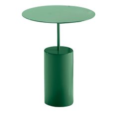 a green table with a round top and metal base