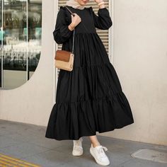 Olivia Mark - Vintage Casual Round Neck Solid Color Long Sleeve Maxi Dress Elegant Dresses Long Sleeve, Muslim Long Dress, Dress Drape, Flowy Design, Modest Dress, Crewneck Dress, Sleeve Maxi Dress, Vintage Casual, Long Sleeve Maxi