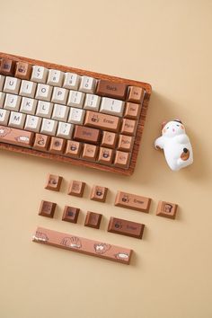 a keyboard, mouse and eraser are sitting on a table next to each other