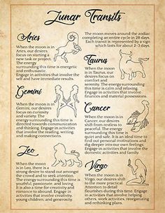 zodiac signs on parchment paper with the names and symbols for each zodiac sign, as well as