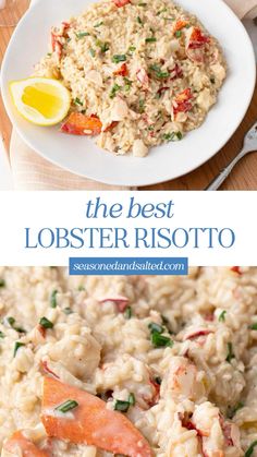 lobster risotto on a plate with lemon wedges