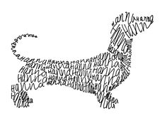 a drawing of a dog made up of words in the shape of a dachshund