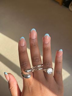 Nails French tip baby blue Short Round Nails French Tip Color, Blue French Tip Almond Acrylic Nails, Powder Blue French Tips, Almond Biab Nails Designs, Pink And Blue French Tip Nails, Blue Biab Nails, Short Blue French Tip Nails, Baby Blue French Nails, Baby Blue Almond Nails