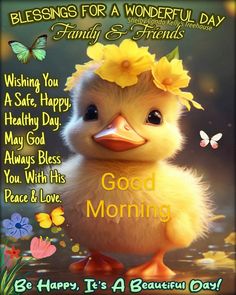 a duck with flowers on it's head and the words good morning written below