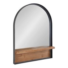 a wooden shelf with a mirror on it and a black frame around the edge that is holding a wood shelf